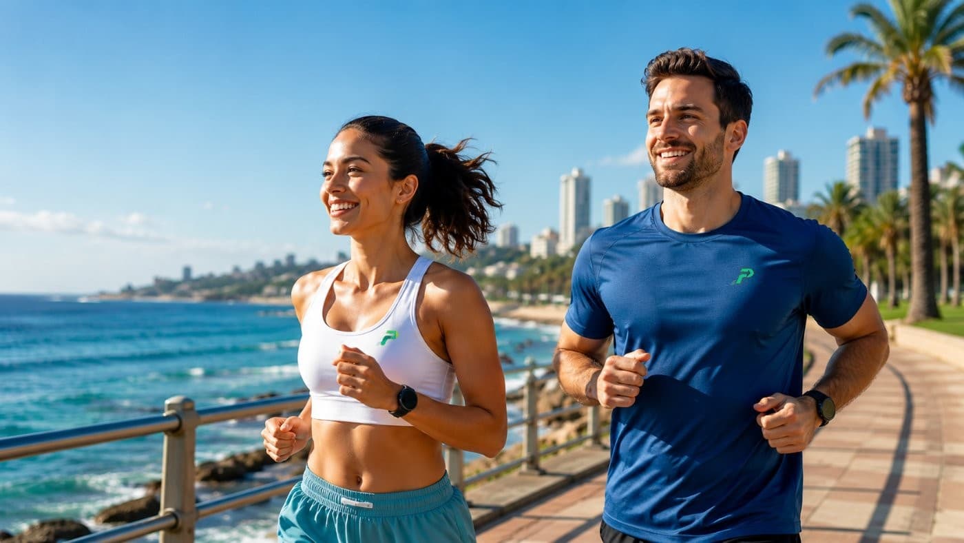 Two runners in Pace Perks kit on the Sydney coast